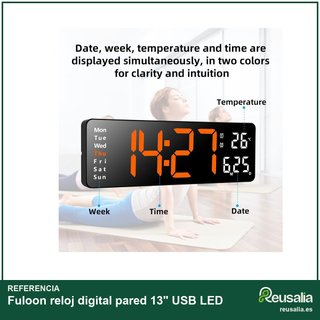 Fuloon reloj digital pared 13" USB LED