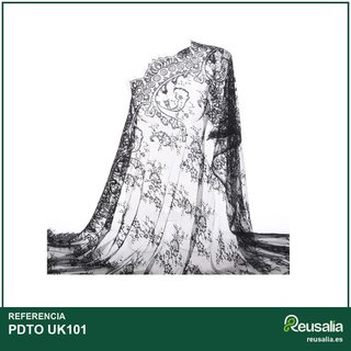 Ribete tela encaje bordado floral negro 150x150cm
