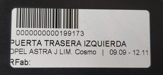 PUERTA TRASERA IZQUIERDA OPEL ASTRA J LIM. Cosmo
