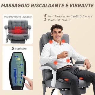 Silla de Oficina Masajeadora 6 Puntos Vibrante, Calentada y Reposapiés, Silla de Escritorio Acolchada Reclinable en Tejido de Terciopelo y Lino Transpirable con Control Remoto y Altura Ajustable, Gris