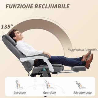Silla de Oficina Masajeadora 6 Puntos Vibrante, Calentada y Reposapiés, Silla de Escritorio Acolchada Reclinable en Tejido de Terciopelo y Lino Transpirable con Control Remoto y Altura Ajustable, Gris