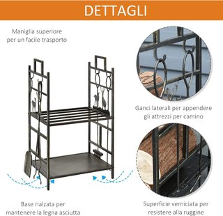 Portalegna De Interior Y Exterior De Metal Con 2 Estantes, Portalegna Para Leña Con Escoba, Paleta, Pinza, Atizador Y Mangos, Base Porta Leña Elevada Y Decoraciones, 51.5X33X77Cm, Oro Y Negro