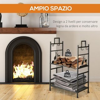 Portalegna De Interior Y Exterior De Metal Con 2 Estantes, Portalegna Para Leña Con Escoba, Paleta, Pinza, Atizador Y Mangos, Base Porta Leña Elevada Y Decoraciones, 51.5X33X77Cm, Oro Y Negro