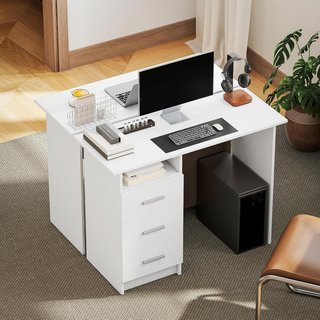 Escritorio Moderno Ahorra Espacio Con 3 Cajones Y Estante Abierto, Escritorio Con Cajones De Madera, Para Oficina, Estudio Y Dormitorio, 100X40X75 Cm, Blanco