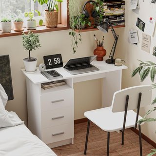 Escritorio Moderno Ahorra Espacio Con 3 Cajones Y Estante Abierto, Escritorio Con Cajones De Madera, Para Oficina, Estudio Y Dormitorio, 100X40X75 Cm, Blanco
