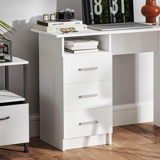 Escritorio Moderno Ahorra Espacio Con 3 Cajones Y Estante Abierto, Escritorio Con Cajones De Madera, Para Oficina, Estudio Y Dormitorio, 100X40X75 Cm, Blanco