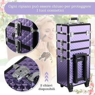 Maleta Profesional para Maquillaje, Trolley de Viaje en Aluminio, 2 Ruedas, Violeta 33.5X23X76/95.5Cm