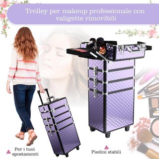 Maleta Profesional para Maquillaje, Trolley de Viaje en Aluminio, 2 Ruedas, Violeta 33.5X23X76/95.5Cm