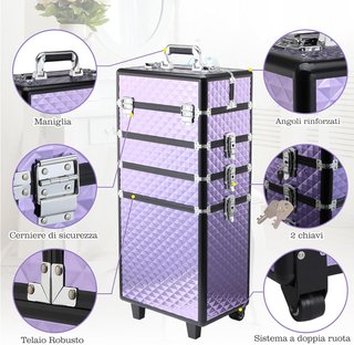 Maleta Profesional para Maquillaje, Trolley de Viaje en Aluminio, 2 Ruedas, Violeta 33.5X23X76/95.5Cm