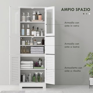 Mueble Columna de Baño Con 3 Armarios de 2 Puertas, Mueble Multiusos Con Puertas de Vidrio y de Persiana, 60X30X170.5Cm, Blanco