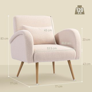 Sillón para Sala de Estar Acolchado, Silloncito de Cámara en Tejido Teddy con Cojín Lumbar, Sillón de Lectura con Patas de Efecto Madera en Metal para Sala de Estar y Estudio, 77X77X83 Cm, Beige