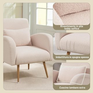 Sillón para Sala de Estar Acolchado, Silloncito de Cámara en Tejido Teddy con Cojín Lumbar, Sillón de Lectura con Patas de Efecto Madera en Metal para Sala de Estar y Estudio, 77X77X83 Cm, Beige
