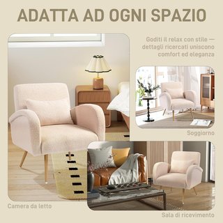 Sillón para Sala de Estar Acolchado, Silloncito de Cámara en Tejido Teddy con Cojín Lumbar, Sillón de Lectura con Patas de Efecto Madera en Metal para Sala de Estar y Estudio, 77X77X83 Cm, Beige
