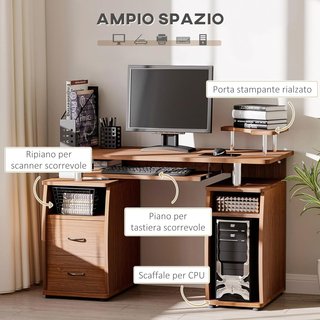 Escritorio Moderno para Computadora con Cajones, Escritorio Ahorra Espacio con Librería, Estante Extraíble y Soporte para Teclado, 120X55X85Cm, Marrón