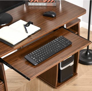 Escritorio Moderno para Computadora con Cajones, Escritorio Ahorra Espacio con Librería, Estante Extraíble y Soporte para Teclado, 120X55X85Cm, Marrón
