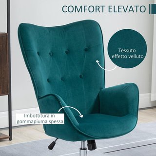 Sillón de Terciopelo para Oficina y Salón, Sillón Giratorio Acolchado con Reposabrazos y Altura Ajustable, Azul