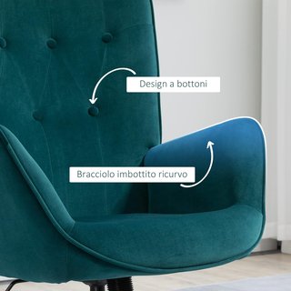 Sillón de Terciopelo para Oficina y Salón, Sillón Giratorio Acolchado con Reposabrazos y Altura Ajustable, Azul