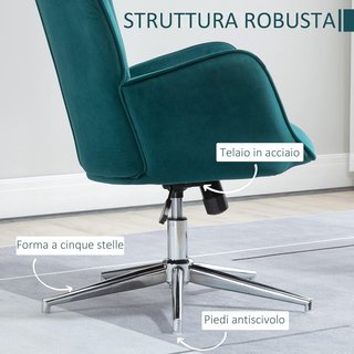 Sillón de Terciopelo para Oficina y Salón, Sillón Giratorio Acolchado con Reposabrazos y Altura Ajustable, Azul
