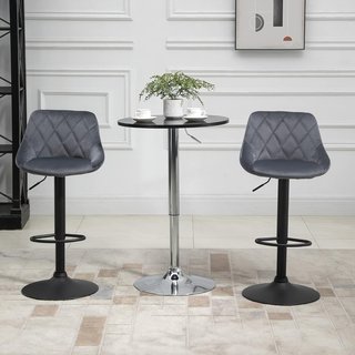 Set de 2 Taburetes de Bar con Altura Regulable, Base de Metal y Asiento de Piel Sintética, Taburetes Altos Modernos Giratorios con Respaldo y Reposapiés 46X48X83-104Cm, Gris y Negro
