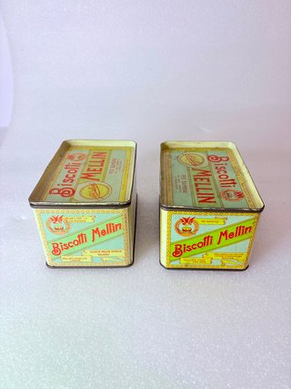 2 Scatolette in latta Biscotti Mellin del 1957