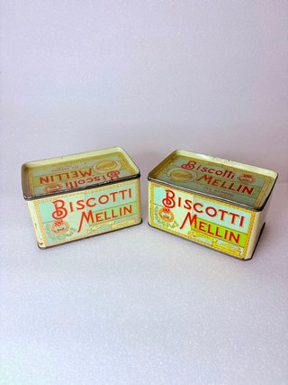 2 Scatolette in latta Biscotti Mellin del 1957