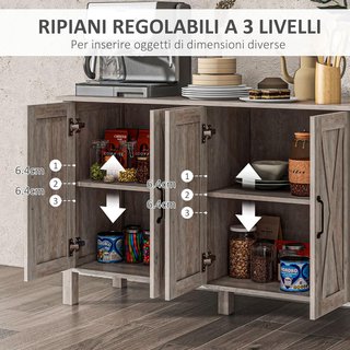 Mueble de Cocina Bajo Estilo Rústico Con 2 Estantes Ajustables, Credenza Buffet para TV Hasta 55 Pulgadas Con 4 Puertas de Madera, 120X37X75 Cm, Gris