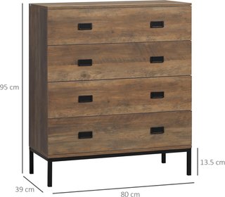 Cómoda de 4 Cajones con Manijas de Aglomerado y Metal para Sala de Estar y Dormitorio, 80X39X95 Cm, Marrón