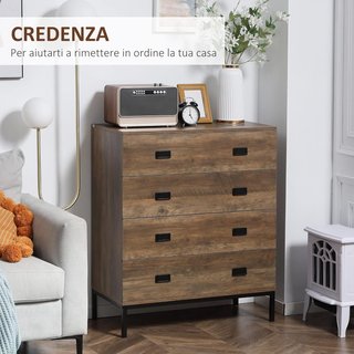 Cómoda de 4 Cajones con Manijas de Aglomerado y Metal para Sala de Estar y Dormitorio, 80X39X95 Cm, Marrón