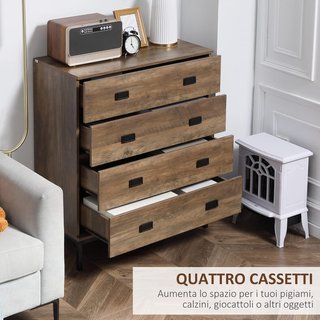 Cómoda de 4 Cajones con Manijas de Aglomerado y Metal para Sala de Estar y Dormitorio, 80X39X95 Cm, Marrón