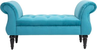 Banco de Cama de Estilo Vintage, Estructura de Madera y Asiento Acolchado Estilo Chesterfield, Azul 117 X 40 X 58Cm