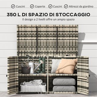 Baúl Exterior de 350L a 2 Niveles en Rattan PE, Contenedor de Exterior con Pistones a Gas y Estructura de Acero, 118X57X69 Cm, Gris
