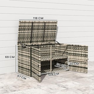 Baúl Exterior de 350L a 2 Niveles en Rattan PE, Contenedor de Exterior con Pistones a Gas y Estructura de Acero, 118X57X69 Cm, Gris
