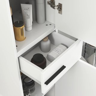 Columna de Baño Moderna con Cajón, 2 Armarios, Mueble de Baño Ahorrador de Espacio Alto con 2 Puertas y Estantes Regulables, Mueble de Baño de Madera, 34X32X190 Cm, Blanco Brillante