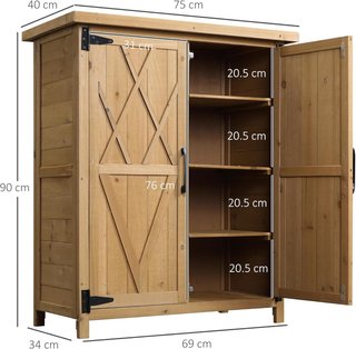 Cobertizo para Herramientas de Jardín con 2 Puertas, 4 Estantes y Base Elevada, Caseta de Herramientas de Jardín en Madera de Abeto con Techo de Chapa Galvanizada y Cierre Magnético, 75X40X90 Cm, ...