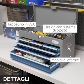 Caja de Herramientas con 6 Cajones, un Compartimento Superior y 2 Llaves, Caja de Herramientas de Acero con Asas Laterales, 60X26X34 Cm. Azul