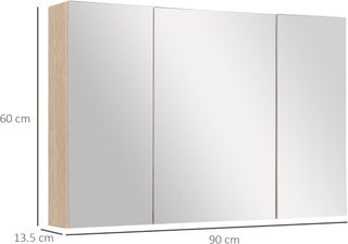 Espejo de Baño Contenedor Con 3 Puertas Espejadas Soft Close, Espejo de Baño Con Estantes Ajustables en Madera y Vidrio, 90X13.5X60 Cm, Color Madera