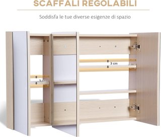 Espejo de Baño Contenedor Con 3 Puertas Espejadas Soft Close, Espejo de Baño Con Estantes Ajustables en Madera y Vidrio, 90X13.5X60 Cm, Color Madera