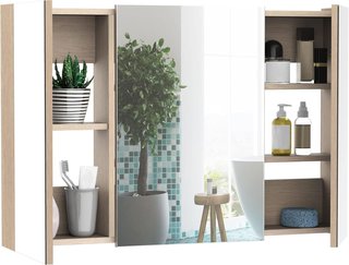Espejo de Baño Contenedor Con 3 Puertas Espejadas Soft Close, Espejo de Baño Con Estantes Ajustables en Madera y Vidrio, 90X13.5X60 Cm, Color Madera