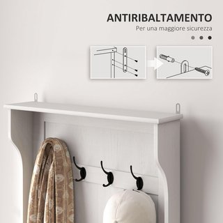 Perchero de Entrada 3 en 1 con Zapatero, Perchero de Suelo Ahorra Espacio con 4 Ganchos y Banco Contenedor, en MDF, para Pasillo, Dormitorio, 71.5X39.5X170 Cm, Blanco y Marrón