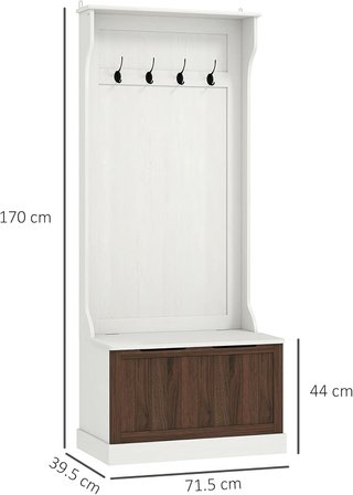 Perchero de Entrada 3 en 1 con Zapatero, Perchero de Suelo Ahorra Espacio con 4 Ganchos y Banco Contenedor, en MDF, para Pasillo, Dormitorio, 71.5X39.5X170 Cm, Blanco y Marrón
