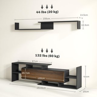 Mueble de TV con estante de pared, estantes abiertos y armario de madera, mueble de TV moderno para sala de estar y dormitorio, negro y marrón