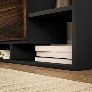 Mueble de TV con estante de pared, estantes abiertos y armario de madera, mueble de TV moderno para sala de estar y dormitorio, negro y marrón