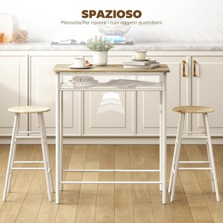 Conjunto de Barra con 2 Taburetes Altos de Estilo Nórdico, Mesa Alta con Estante y Taburetes de Cocina con Reposapiés, Blanco