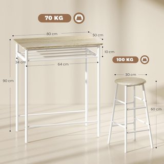 Conjunto de Barra con 2 Taburetes Altos de Estilo Nórdico, Mesa Alta con Estante y Taburetes de Cocina con Reposapiés, Blanco