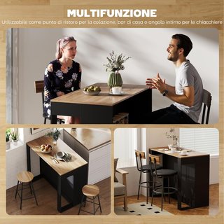 Mesa Bar Con 3 Estantes, Barra de Bar Ahorra Espacio Con Patas Antideslizantes, Isla de Cocina Con Estante, Industrial, para Cocina Comedor, 113X60X90 Cm, Negro y Color Madera