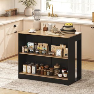 Mesa Bar Con 3 Estantes, Barra de Bar Ahorra Espacio Con Patas Antideslizantes, Isla de Cocina Con Estante, Industrial, para Cocina Comedor, 113X60X90 Cm, Negro y Color Madera