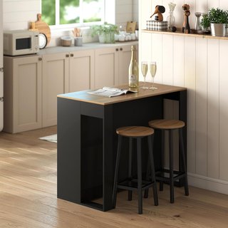 Mesa Bar Con 3 Estantes, Barra de Bar Ahorra Espacio Con Patas Antideslizantes, Isla de Cocina Con Estante, Industrial, para Cocina Comedor, 113X60X90 Cm, Negro y Color Madera