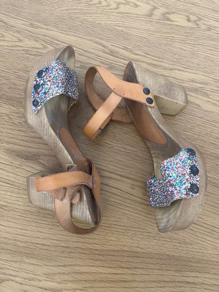 Sandalias tacón glitter madera T37