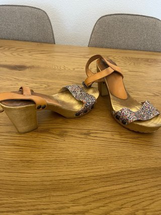 Sandalias tacón glitter madera T37