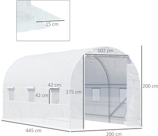 Invernadero para Huerto Con 6 Ventanas y Puerta Enrollable, Invernadero de Jardín en Forma de Túnel, Invernadero para Plantas Con Estructura de Metal y Tela de Polietileno, 4.5X2X2M, Blanco
